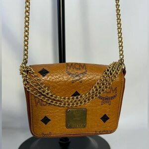 MCM Visetos Leather Logo Crossbody Bag Brass Tone Chain Strap w/ Dustbag